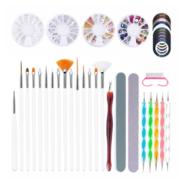 Kit de decoración de uñas, pinceles para decoración de uñas, herramienta para puntear uñas, cintas para uñas, cristales de imitación, kit de lima de uñas para mujeres