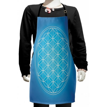 Geometry Kids Apron, Flower of Life Grid Pattern Consisting of Types Overlapping Circles Theme, Boys Girls Apron Bib with Adjustable Ties for Cooking Baking Painting, Blue White, by Ambesonne