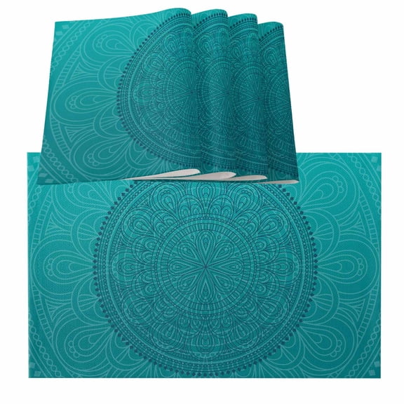 Teal Boho Placemats for Dinning Table Set of 6, Farmhouse Abstract Geometric Aesthetic Art Burlap Kitchen Place Mats Waterproof Cloth Table Mats, Indoor Outdoor Placemats Easy Clean Dinner Decor