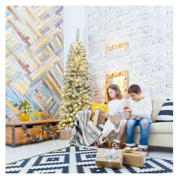 Yunken 6 Feet Pre-lit Snow Flocked Artificial Pencil Christmas Tree with 250 LED Lights for Home Holiday Decor