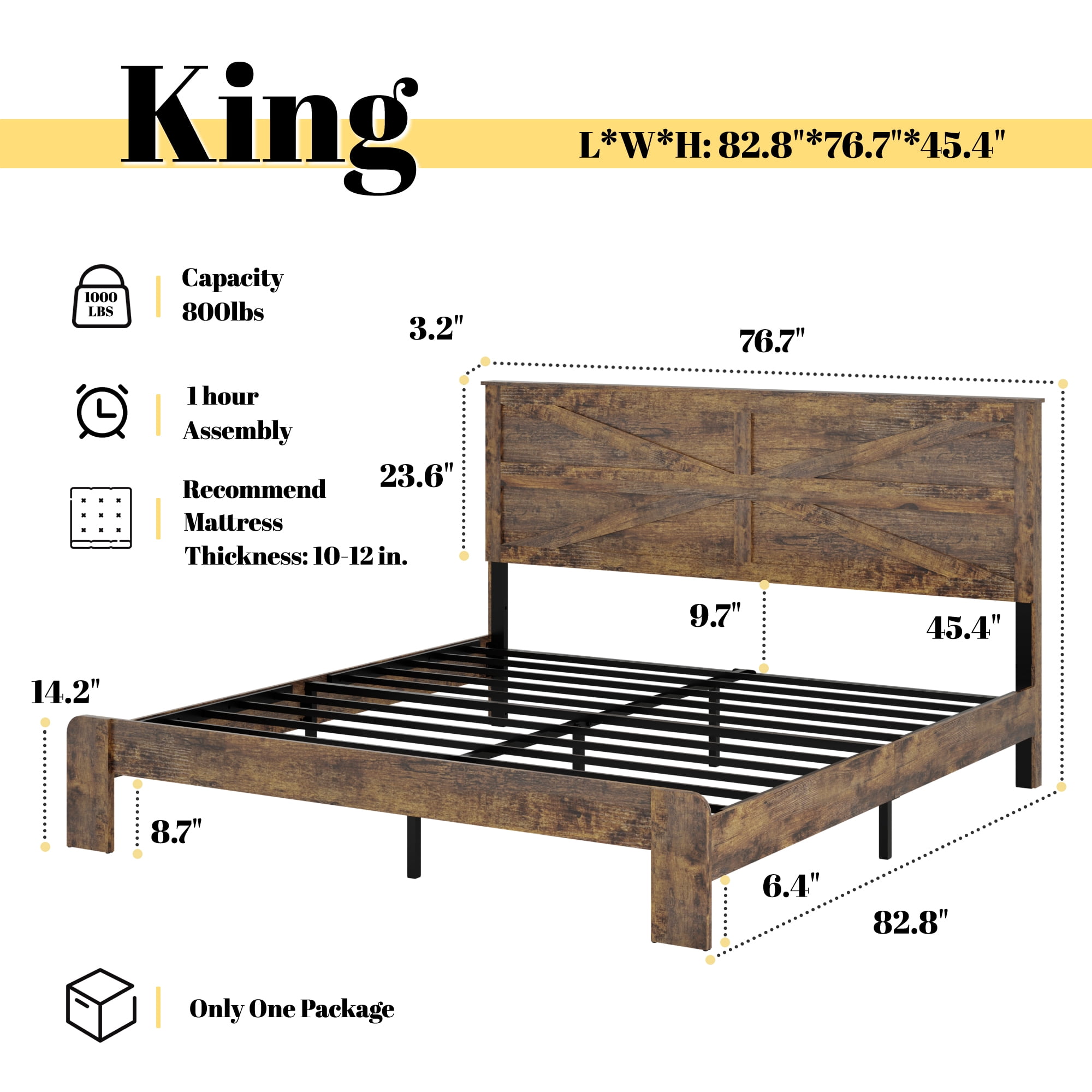 King Size Farmhouse Wooden Bed Frame with Headboard, Boho Platform Bedframe Sturdy Metal Slats Support, No Spring Mattress , Silent Operation, Easy Assembly (King, Brown)