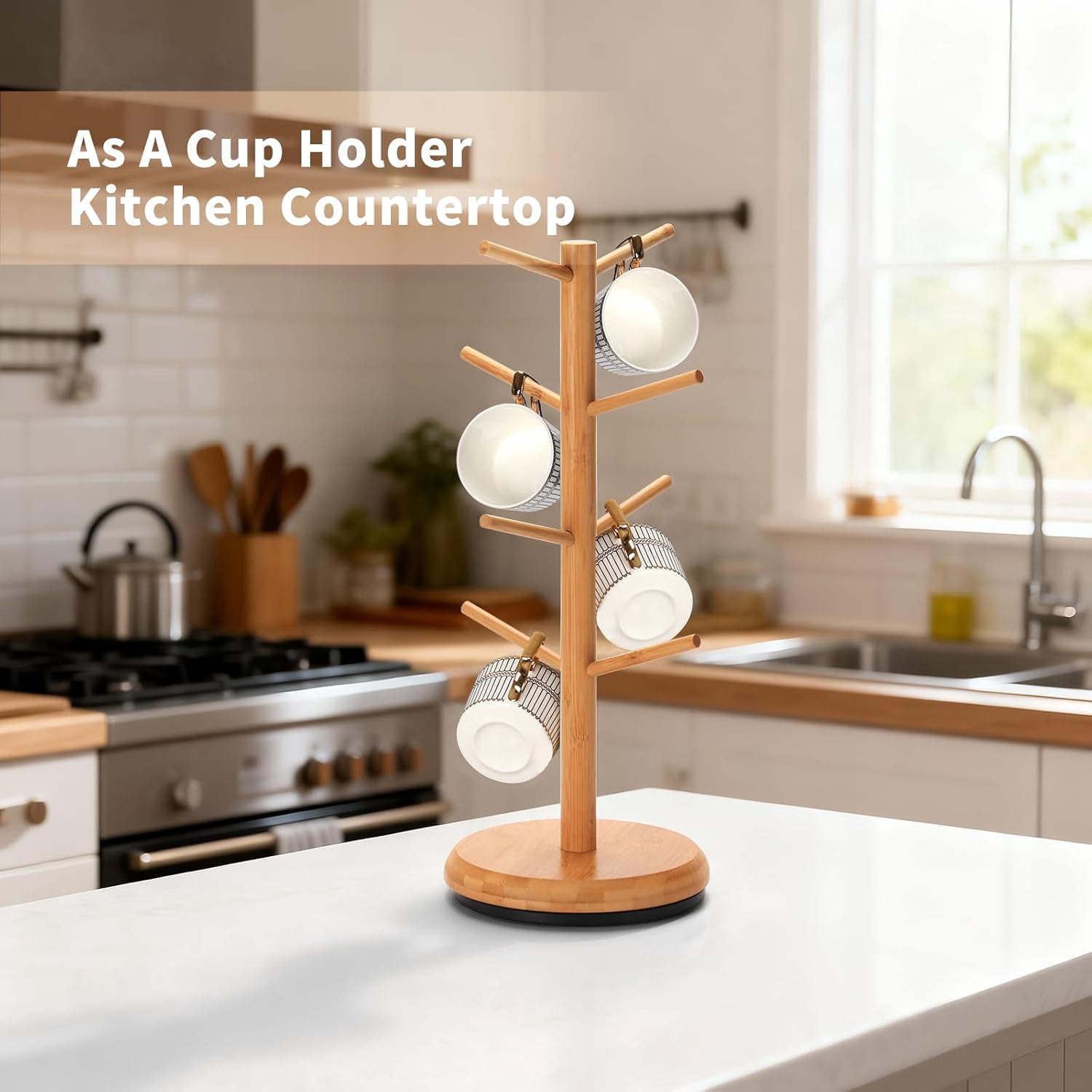 Bamboohomie Mug Holder for Counter Top, Mug Tree for Counter, Rotating Coffee Mug Tree Stand, Natural