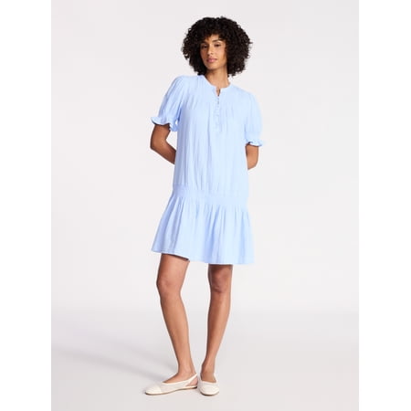 Time and Tru Women's Cotton Double Cloth Mini Dress with Drop Waist, Sizes XS-XXXL