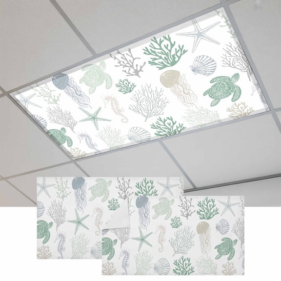 Green Coastal Fluorescent Light Covers, Nautical Summer Beach Coral Sea Turtle Magnetic Light Covers for Ceiling Lights, Fluorescent Ceiling Shade Filters for Classroom Bedroom Office 4x2Ft x 2PCS