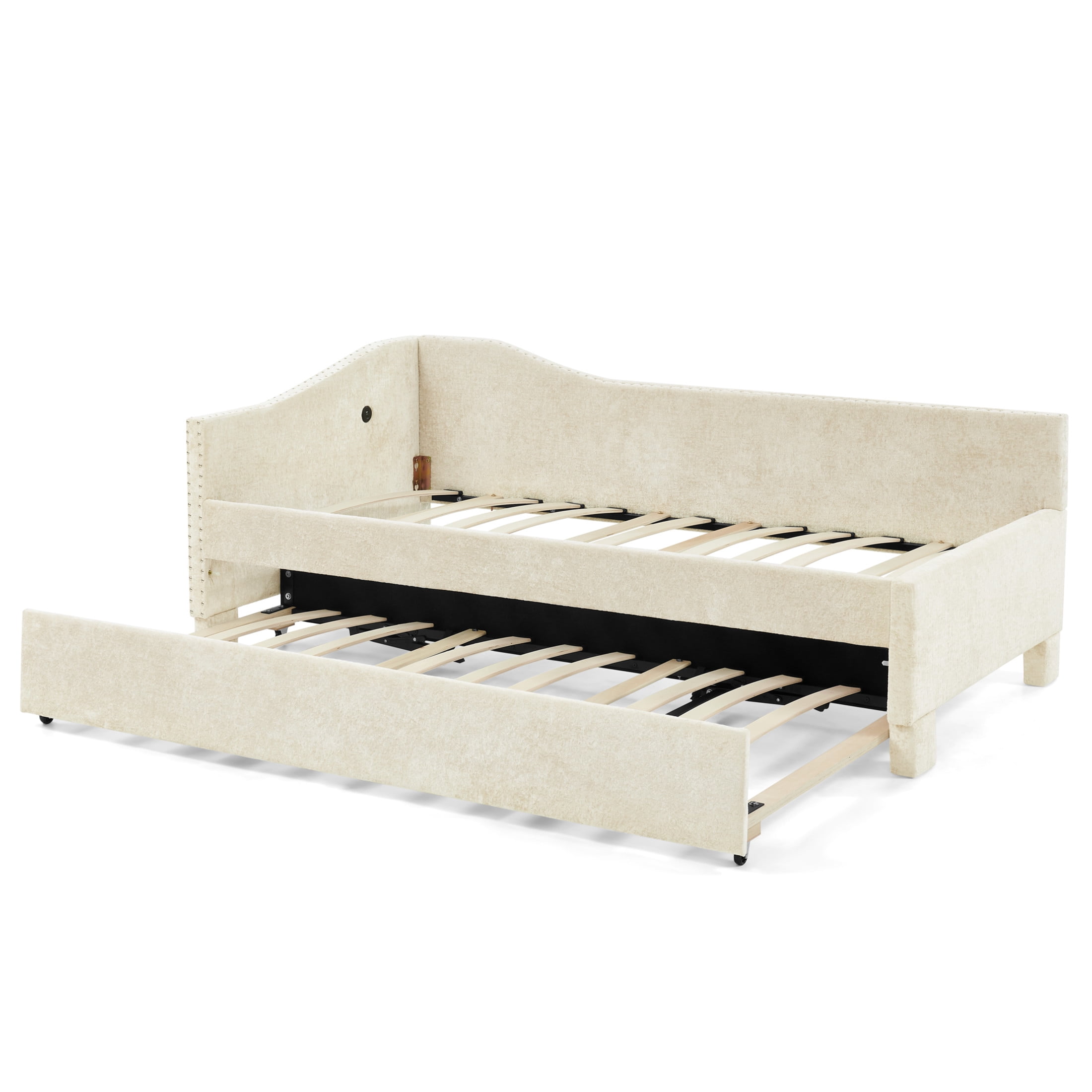 Noble House Phineas Full Size Chenille Padded Daybed, Sofa Bed Frame with Twin Trundle and Charging Port, Beige
