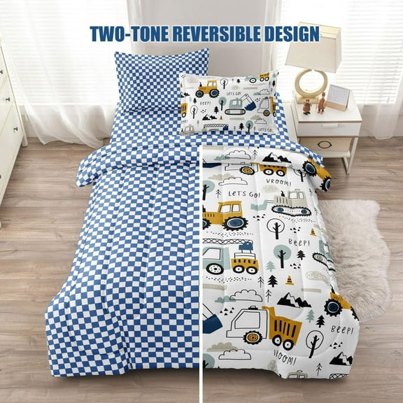4-Pcs Construction Twin Size Boys Bedding Set, Kids Comforter Set for Teens w/Sheets and Pillowcase, Soft Cartoon Tractor Cars Bed in a Bag Sets