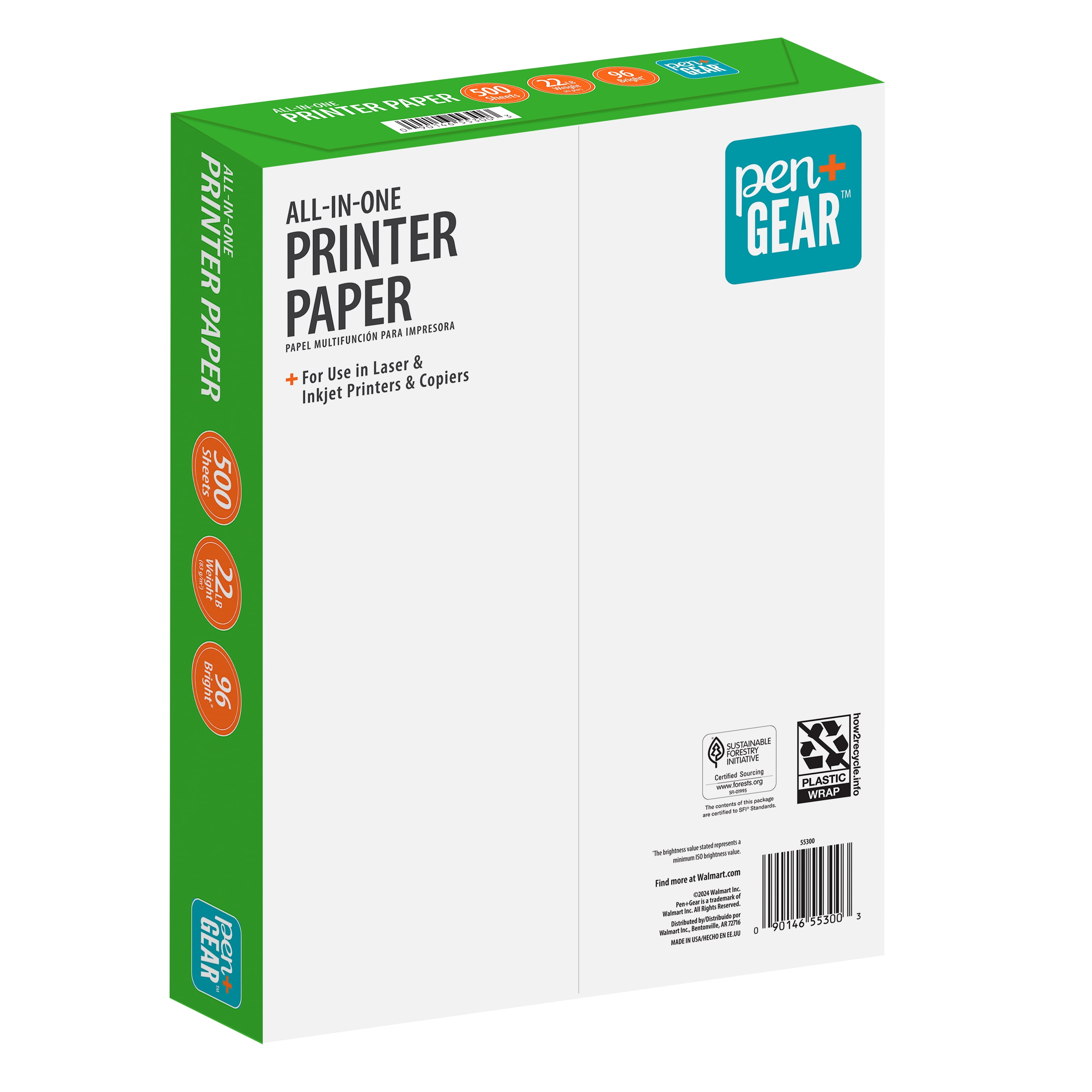 (5 pack) Pen+Gear All-in-One Printer Paper, 8.5 x 11, 96 Bright, 22 lb, 500 Sheets, White