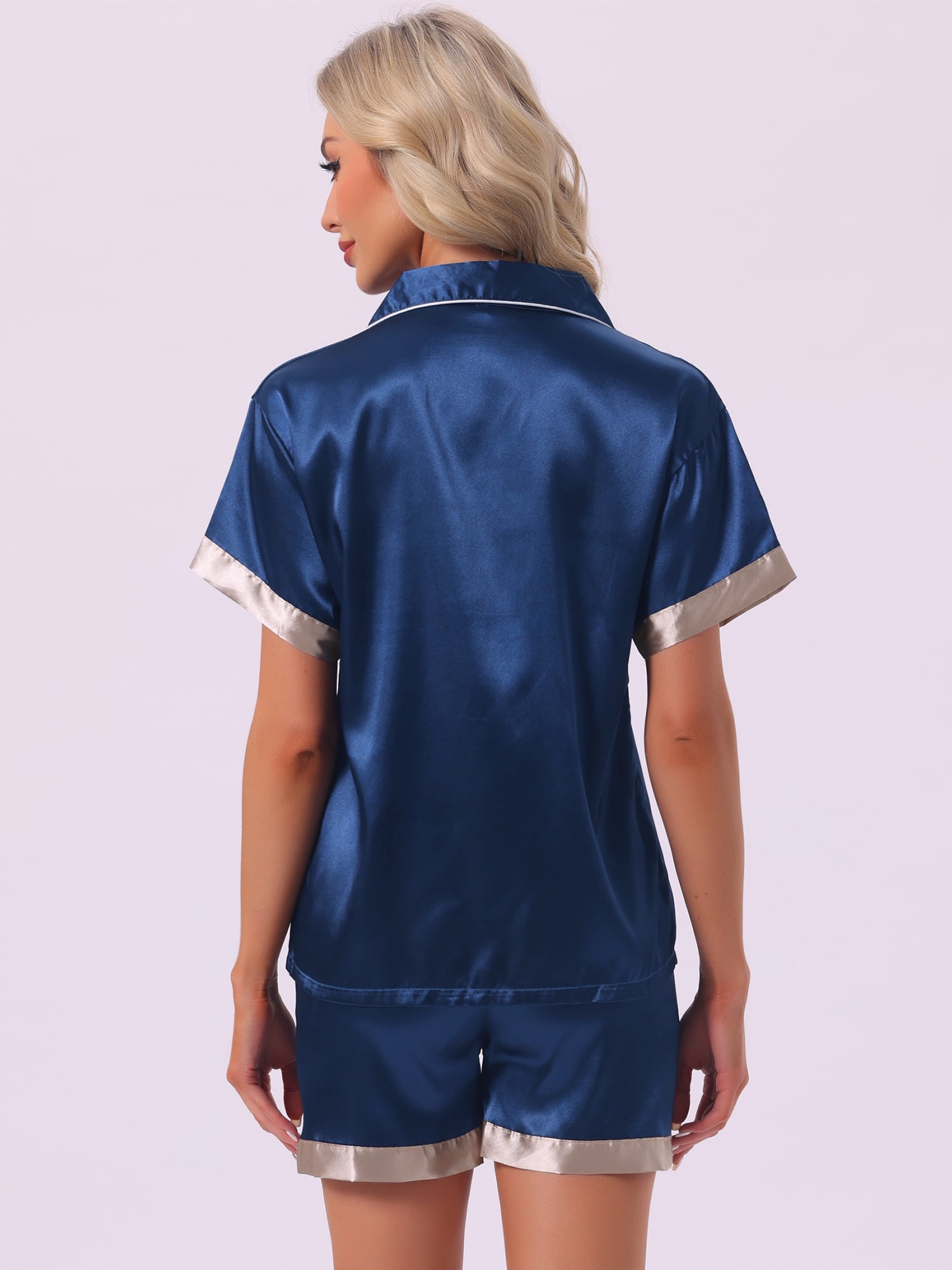 DARING DIVA Women's Satin Pajamas Sleepwear Button Down Contrast Color Tops XS Blue