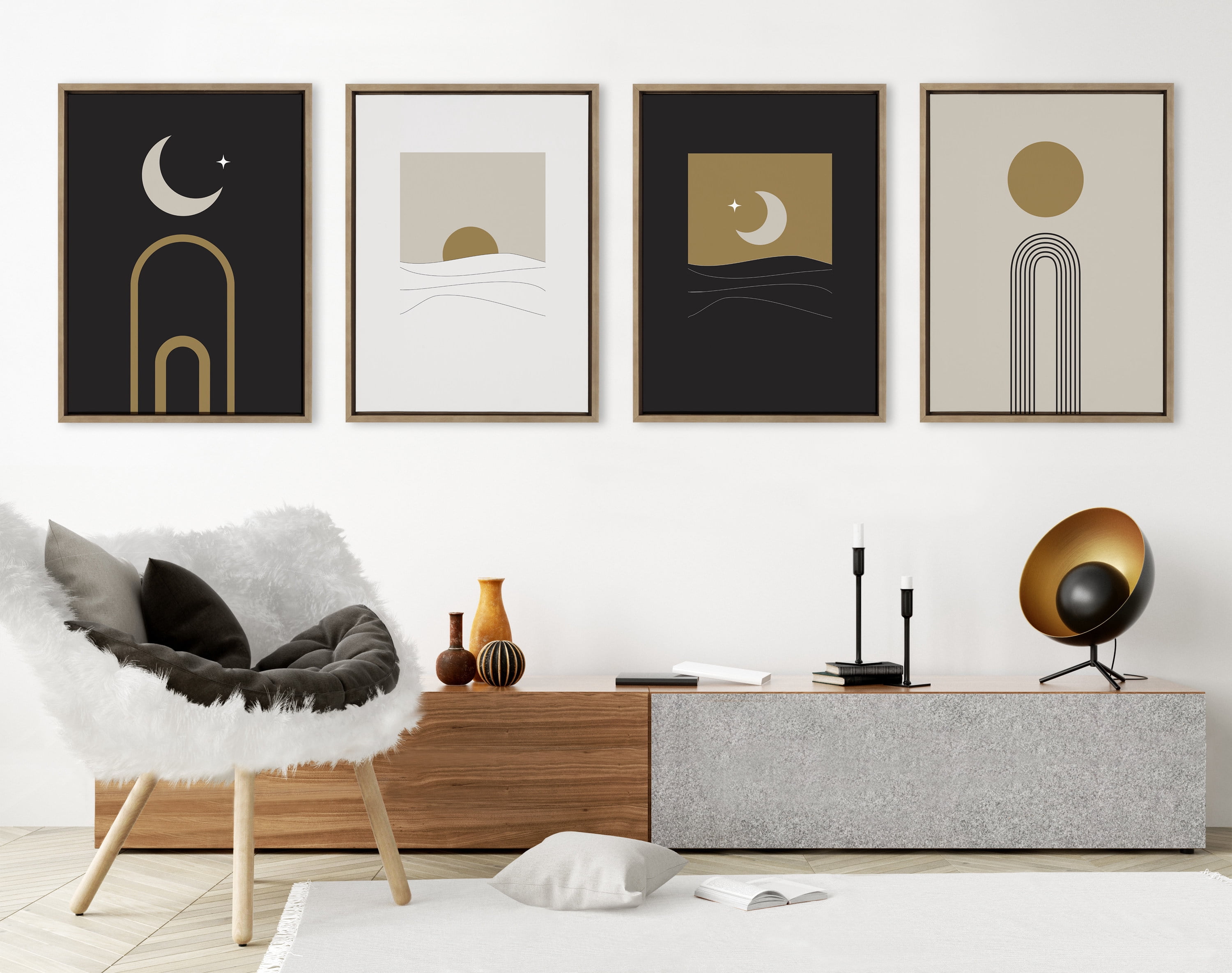 Kate and Laurel Sylvie Modern Sunrise and Sunset Over the Ocean Framed Canvas Wall Art Set by The Creative Bunch Studio, 2 piece 18x24 Gold, Minimal Neutral Landscape Art for Wall