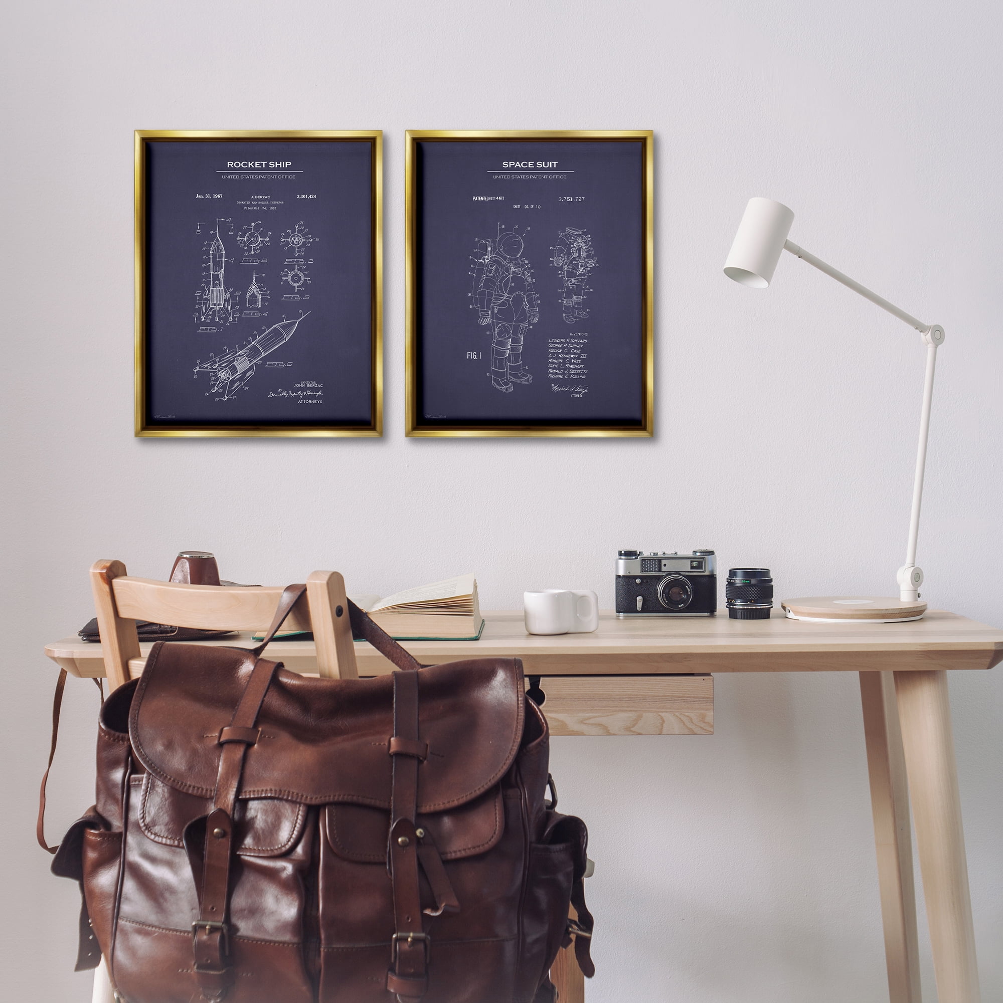 Stupell Industries Rocket Space Suit Diagram Education Painting Gold Floater Framed Canvas Art Print Wall Art, 17 x 21, Set of 2