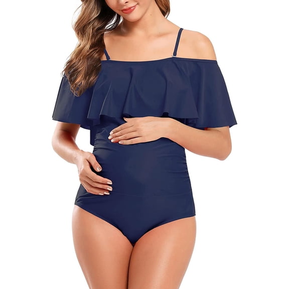 Maternity Swimsuits Off-Shoulder One Piece Swimwear Ruffled Flounce Pregnancy Bathing Suit