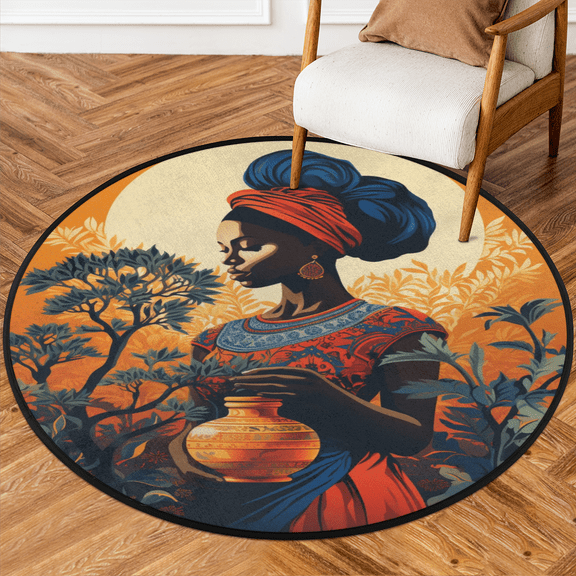 CURLYOOT Round Rug 3ft African American Black Women Area Rug, Washable Circle Mat Non Slip Floor Carpet Mat, Soft Indoor Rugs for Entryway Living Room Dining Room Bedroom