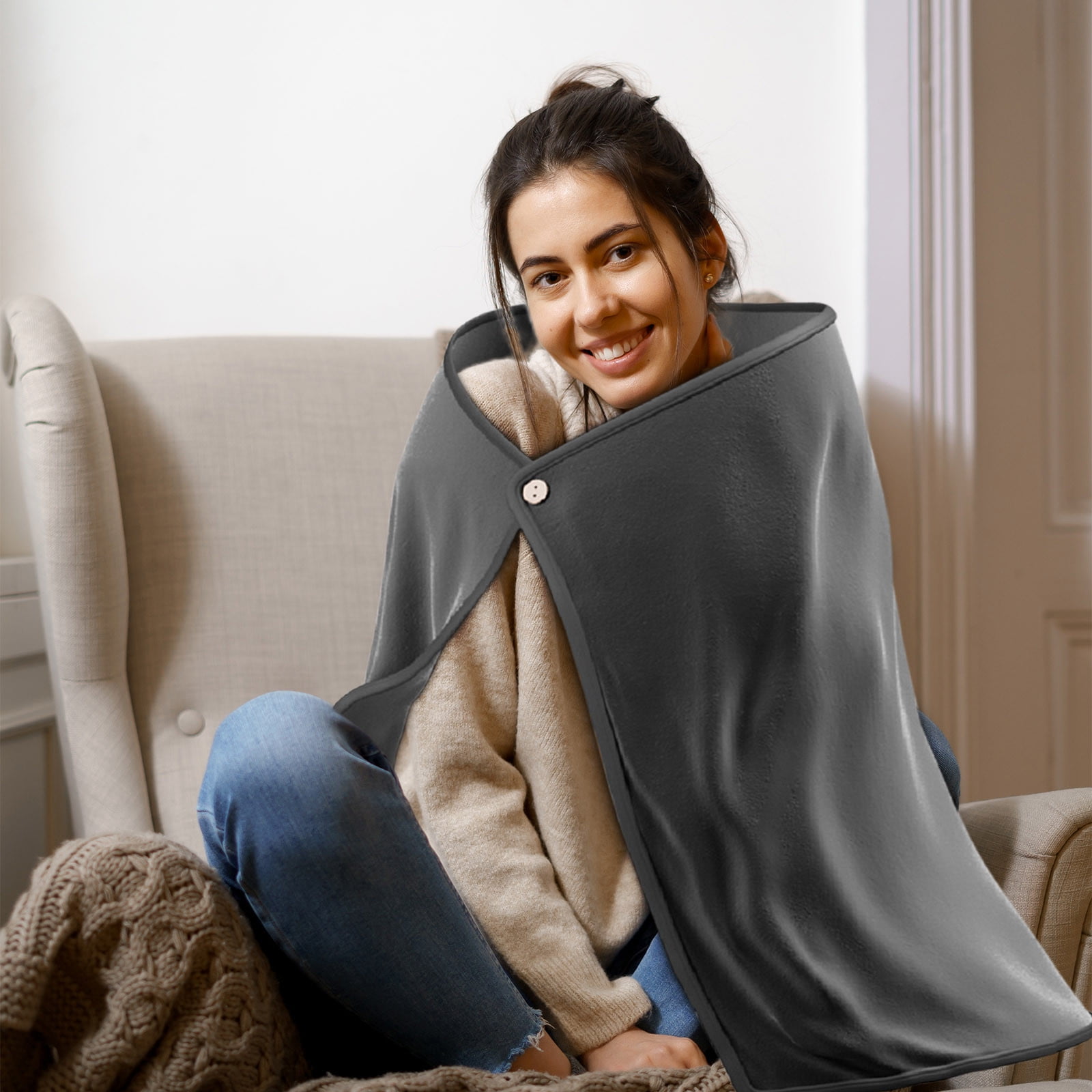 Qocolhg 27.5x39.4 Inch Cordless USB Heated Blanket Shawl with Buttons, Soft Sherpa Berber Fleece Portable USB Powered Electric Blanket Heated Throw, Wearable Portable Heating Warming Blanket for Car