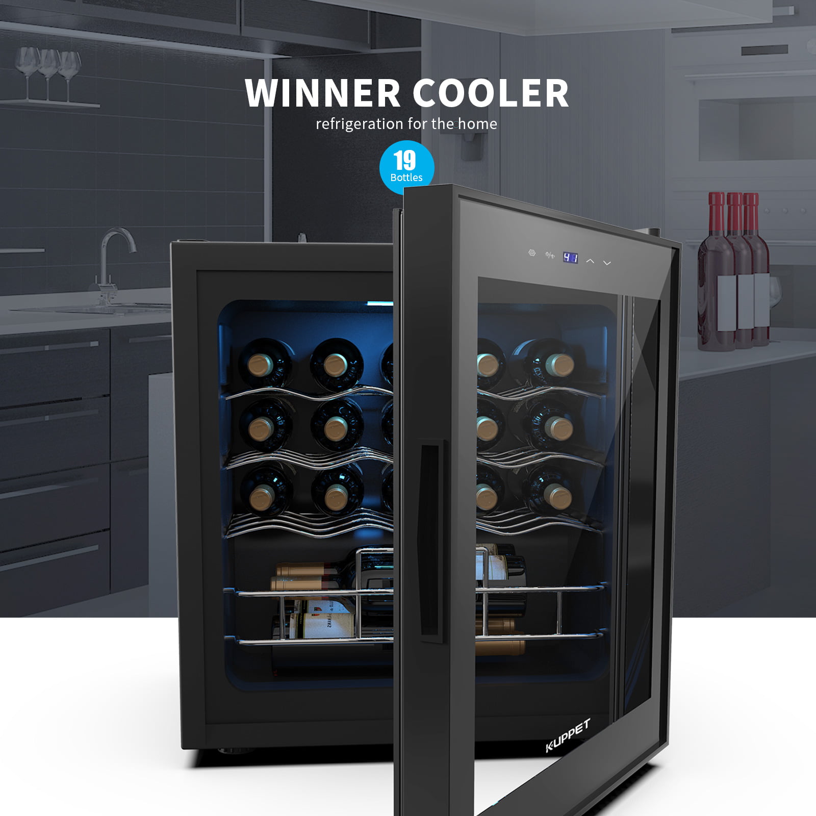 Beer and Champagne Wine Cellar-Digital Temperature Display-Double-layer Glass Door-Quiet Operation  KUPPET Thermoelectric Freestanding Chiller-Counter Top Red/White Wine 16 Bottles Wine Cooler