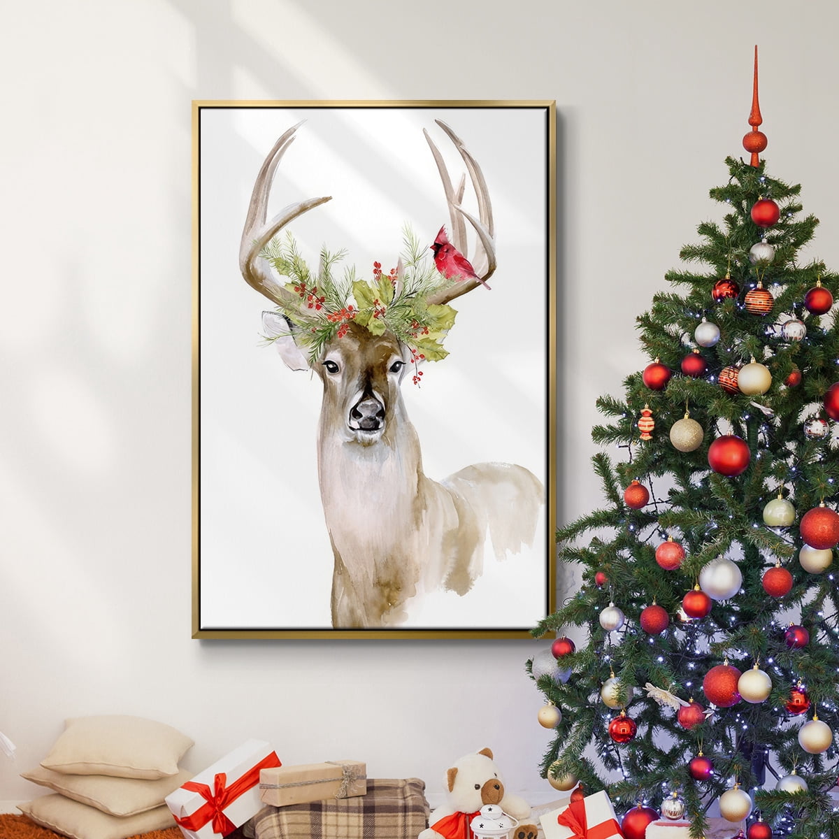 Holiday Deer I - Framed Gallery Wrapped Holiday Canvas - 27 x 41 - Gold Frame