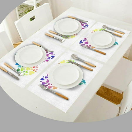 

Colorful Watercolor Heart Placemats Set of 6 for Dining Table Washable Burlap Linen Placemat Non-Slip Heat Tolerant Kitchen Table Mats Easy to Clean Colorful Watercolor Heart