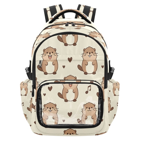 Qxltty Kawaii Beaver Backpack School Bookbag with Clear PVC Front Pocket, Laptop Compartment, Water Resistant Travel Daypack for Students