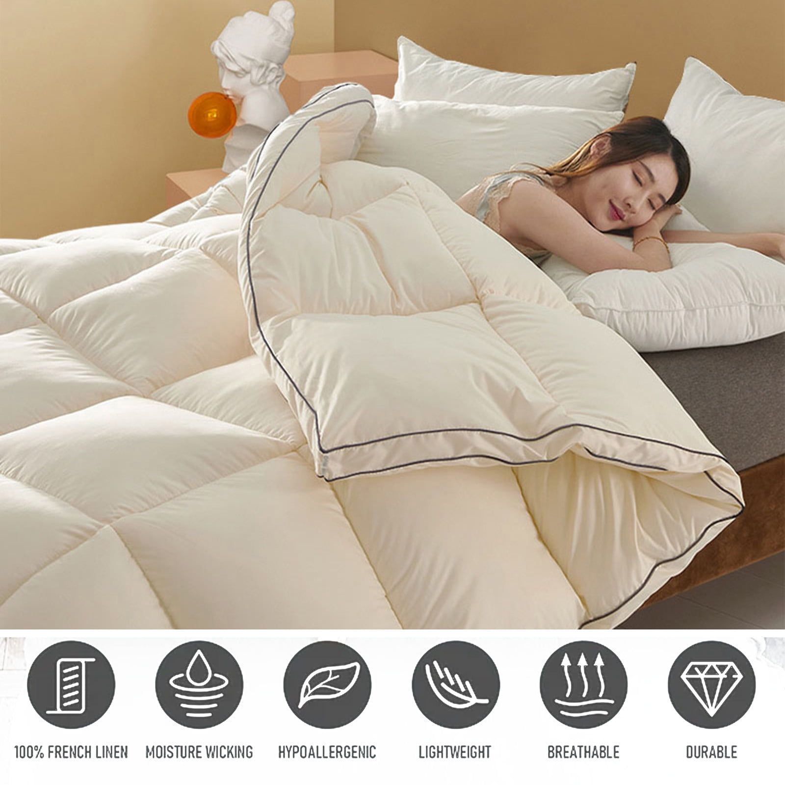 Kezqiaxn Full Size Comforter, 78.7x59In Comforter Duvet Insert, All Season Quilted Down Alternatives, Hotel Luxury Soft, Skin-friendly Machine Washable Reversible Quilted with Corner Tabs Beige