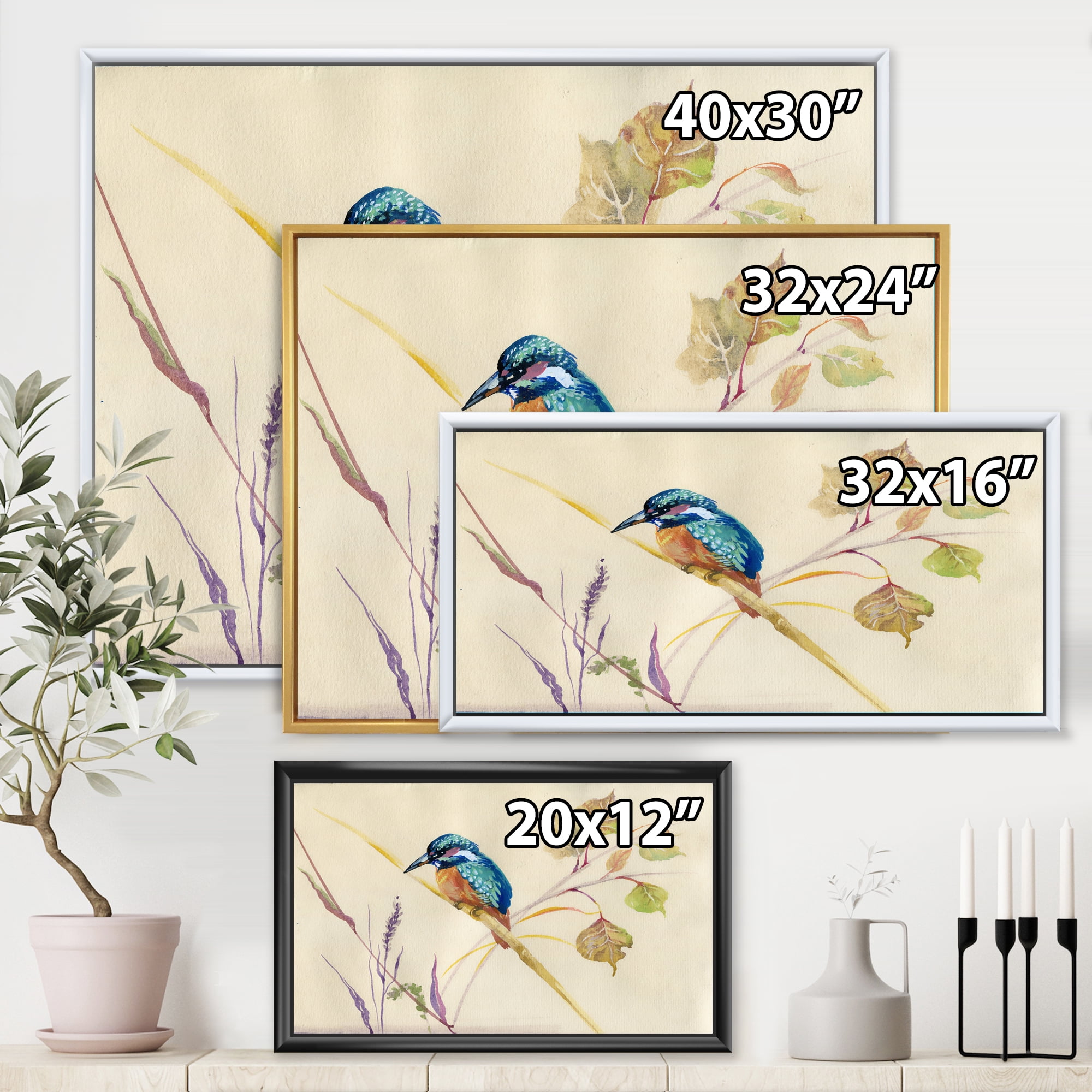 Designart 'Common Kingfisher Bird On Branch' Traditional Framed Canvas Wall Art Print