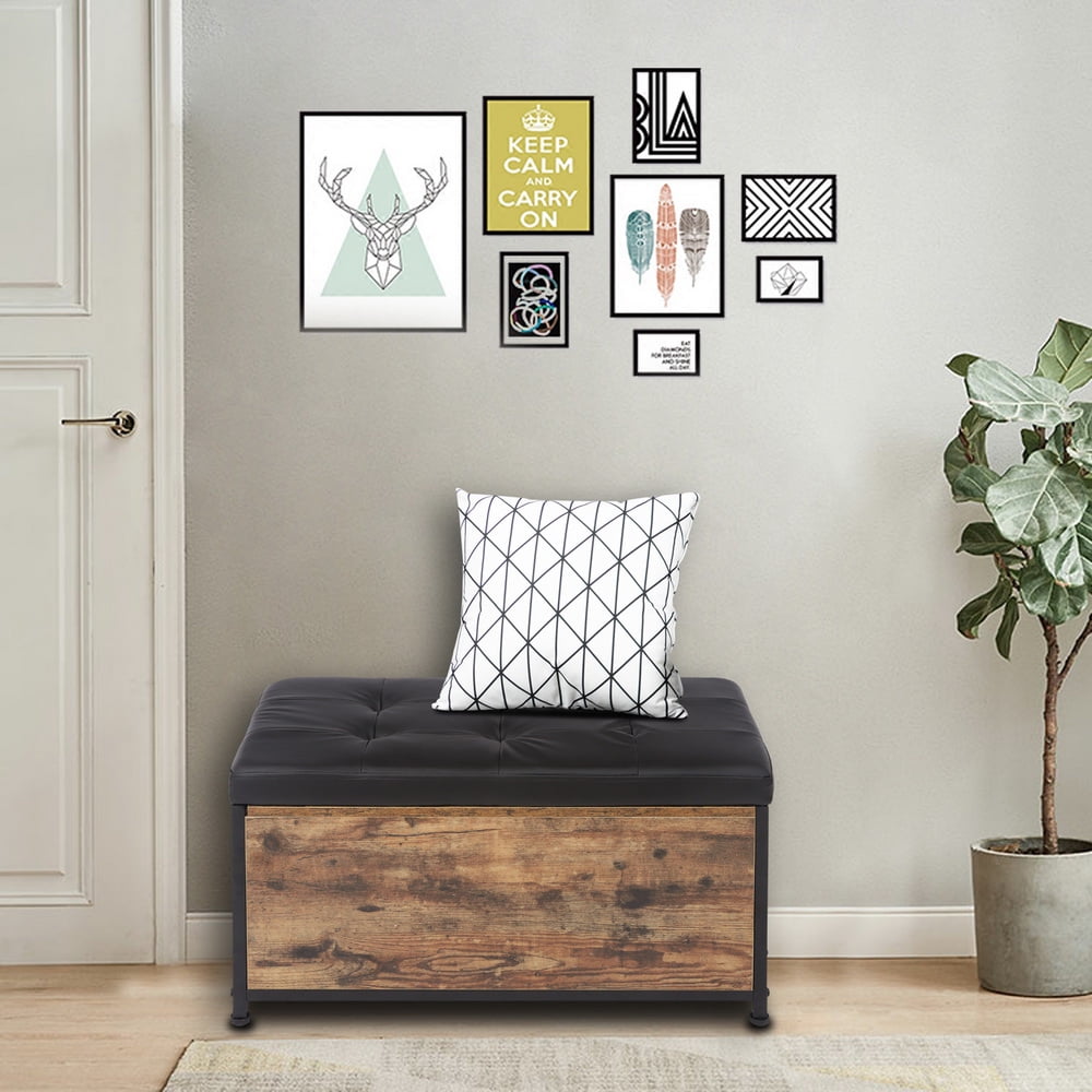Kepooman 30" Industrial Storage Table, Storage Stool, Clamshell Entrance Seat for Dining Room Corridor Living Room, Wood Frame-Brown