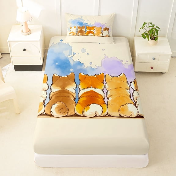 Manfei Watercolor Corgi Twin Fitted Sheet, Splash Ink Bedding, Cream Orange, 2-Piece, 1 Fitted Sheet and 1 Pillowcase