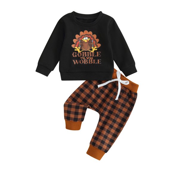 Canrulo Infant Toddler Baby Girl Boy Thanksgiving Clothes Turkey Print Sweatshirt and Plaids Pants Outfits Black 12-18 Months