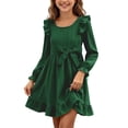 thumbnail image 2 of Girls Ruffle Dress Long Sleeve Crewneck Waist Belt Dress Kids Solid Color Casual Comfortable Outfits for Daily Wear Green 9-10 Years, 2 of 7
