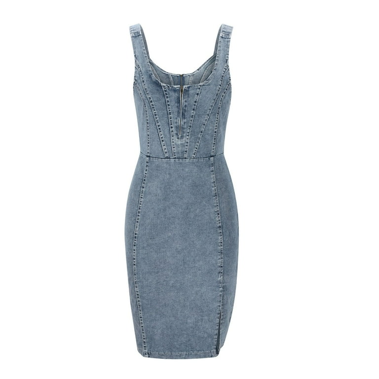 new look denim bodycon dress Olenna Mini Dress - High Neck Fitted Denim Dress in Indigo Wash