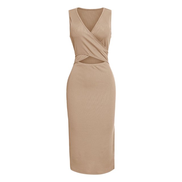 Vestido largo bodycon con abertura y abertura sin espalda, sin mangas, cuello en V, para mujer
