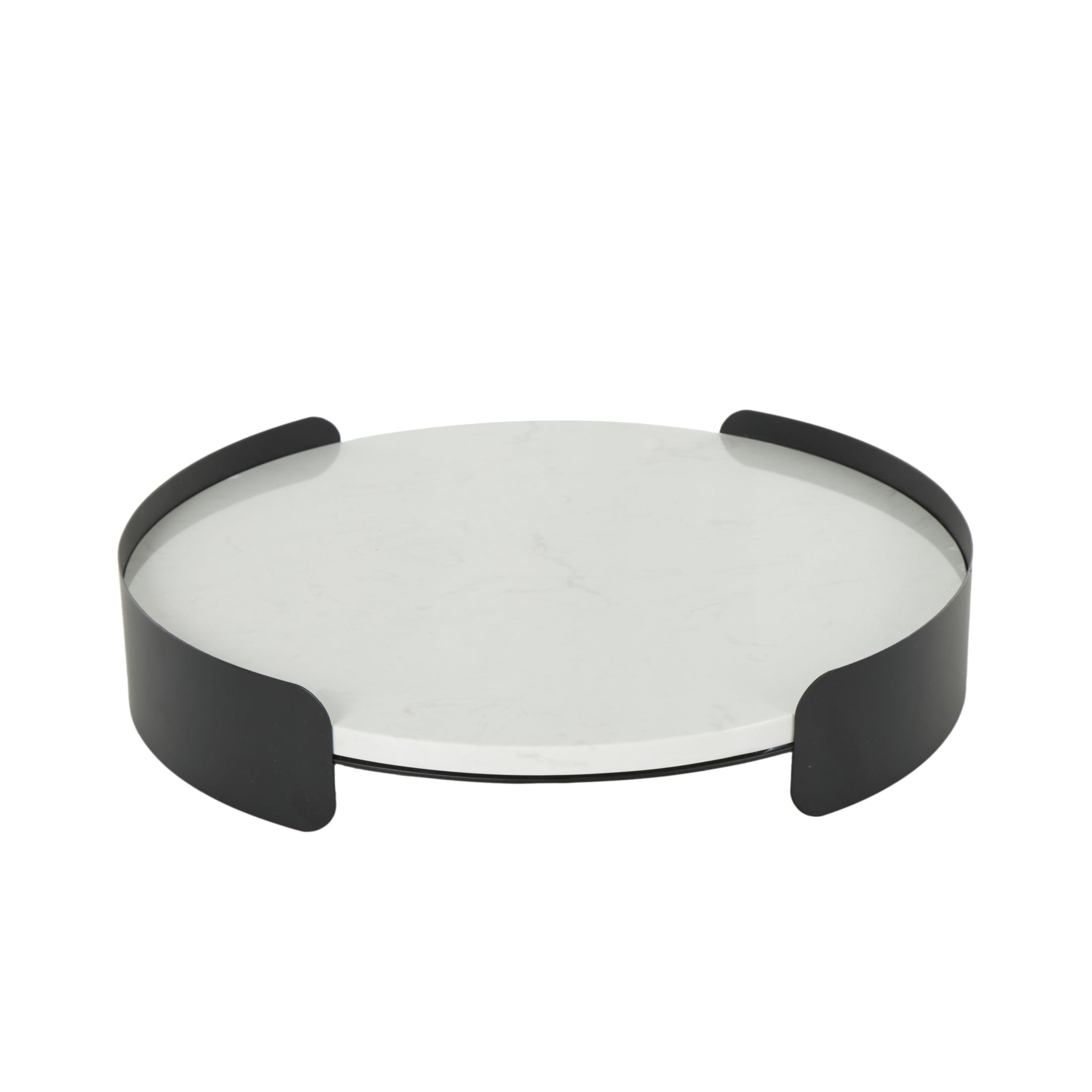 DecMode 16" x 16" White Marble Round Tray with Black Metal Frame, 1-Piece