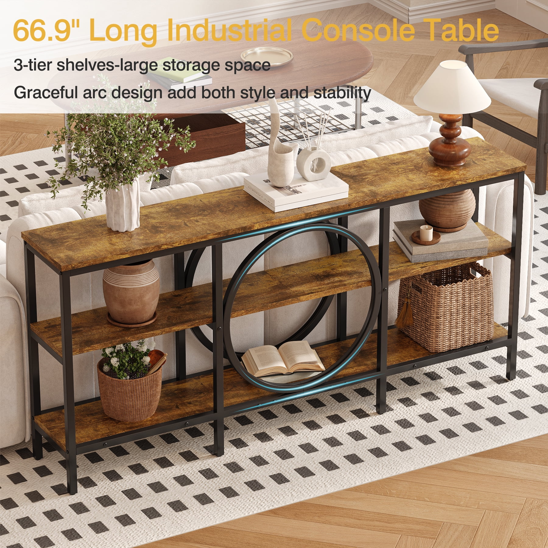 Tarnorci 66.9" Sofa Console Table, Extra Long Narrow Entryway Tables with 3 Tier Storage Shelves