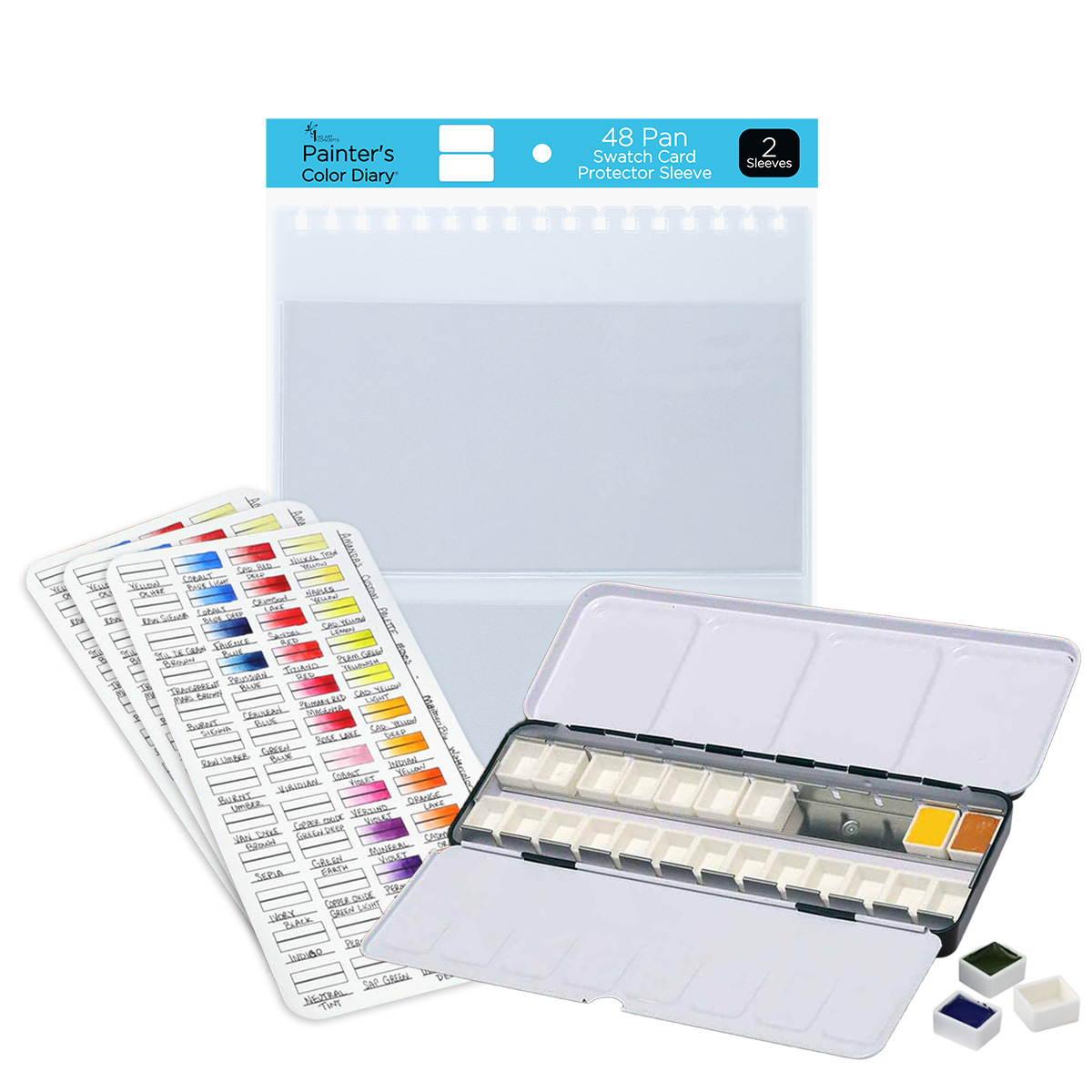 New York Central Watercolor Palette - 24 Empty Half Pans Boxes and Palette with 10 Watercolor Swatch Cards and 2 Swatch Card Sleeves