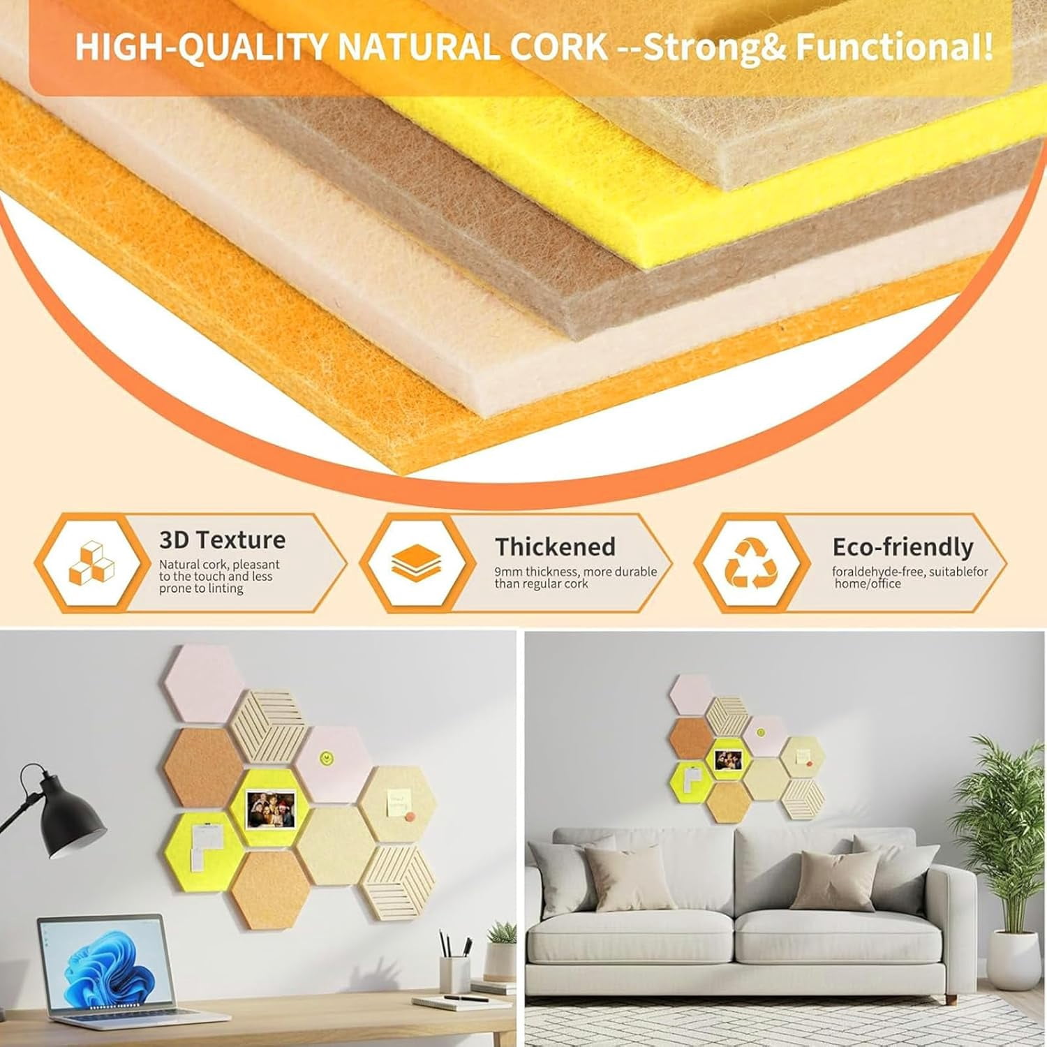FOCHIER F 10PCS Hexagon Cork Boards for Walls Decor,12"*10.2" Felt Bulletin Board Tiles Sets for Home Office Class Kitchen with 50 Push Pins,Self Adhesive DIY Pin Board for Photos Memos