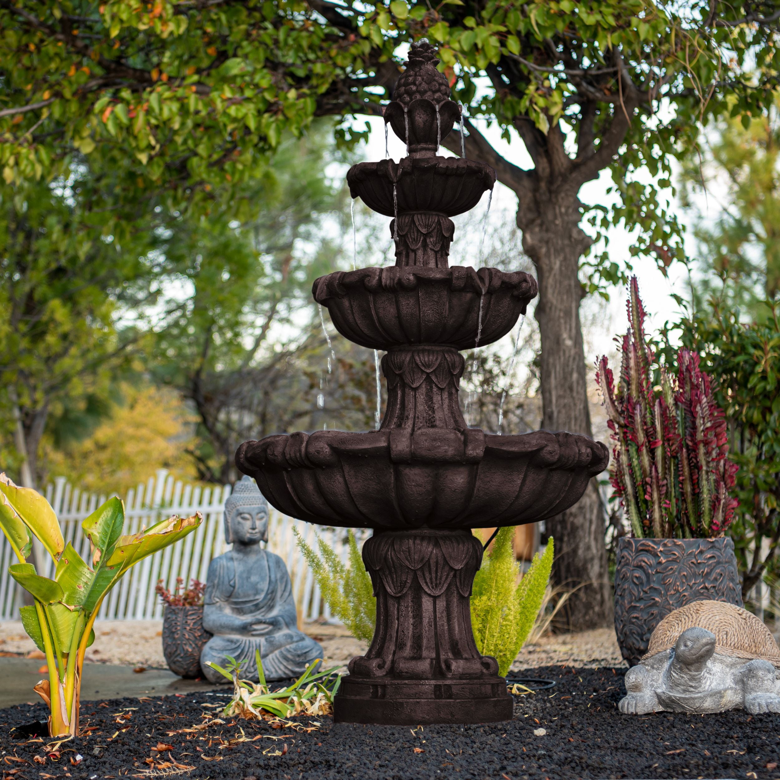 58.3" 3-Tier Electric Outdoor Freestanding Water Fountain - Classic Leaf Design, Brown Resin with Pump
