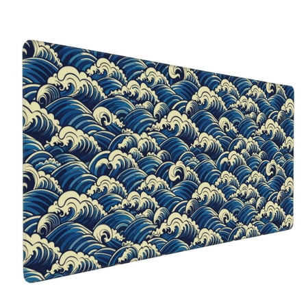 Hirioo Japanese Water Wave for Mouse Pad Anti-Slip Base Durable Stitched Edges Perfect for Gaming Office and Home Use 16x35.5in