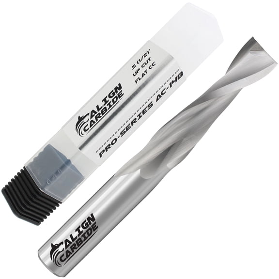 UP Cut Router Bit, 1/2 Inch Cutting Diameter, 1/2 Inch Shank, 4 Inch Length, Premium Solid Micro Grain Carbide, Spiral Plunge, 2 Flute, Flat Cutting Face, CNC Router Pro-Series Item AC-148.