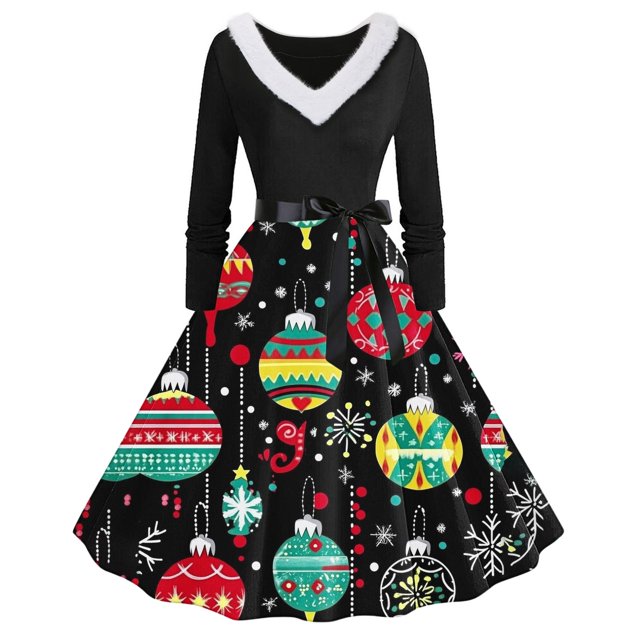 RKSTN Robes pour Femmes Robe Manches Longues Imprimé de Noël Patchwork en Fourrure Col en V Robe Rétro Ample