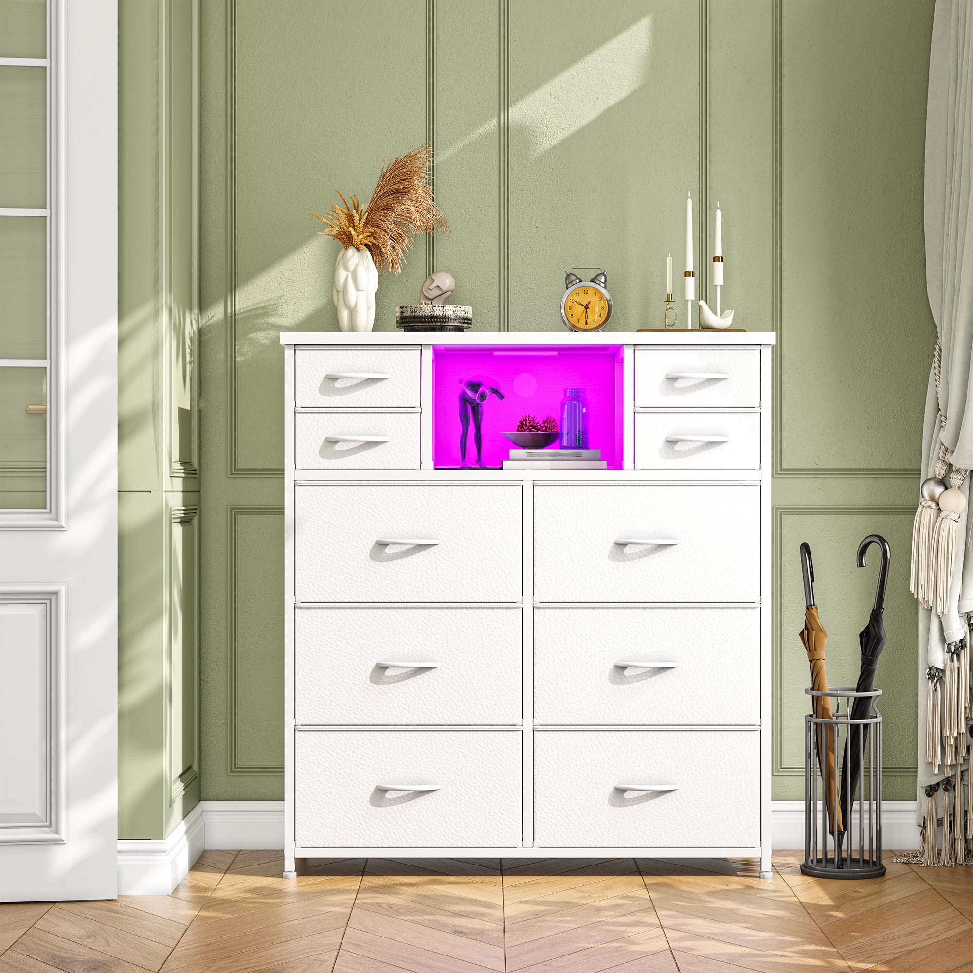 Romorgniz Tall Dresser for Bedroom with 10 Drawers Featuring LED Lights & Power Outlet Fabric Dressers & Chest of Drawers with Open Shelves, White