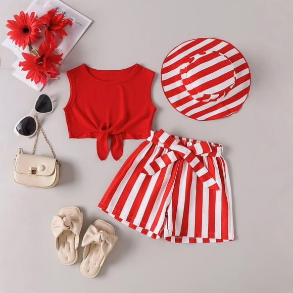 LIBRCLO Vêtements pour Enfants Ensembles d'Été pour Filles Débardeurs et Shorts et Casquette de Soleil 3 Pcs Tenue Décontractée Taille 6 Ans