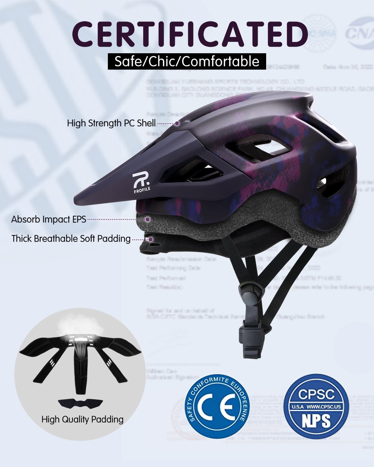 FROFILE Mountain Bike Helmet for Adult - Pinch-Free Magnetic Buckle, Purple Camo, CPSC Certificated MTB Bicycle Helmets with Detachable Visor for Men & Women
