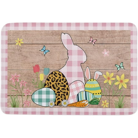 

Happy Easter Eggs Memory Foam Soft Door Mat Indoor Doormatches Absorbent Floor Mat Anti-Skid Welcome Mat for Front Door High Traffic Areas Floral Pink Plaid and Wooden Grain 24x16 Inch