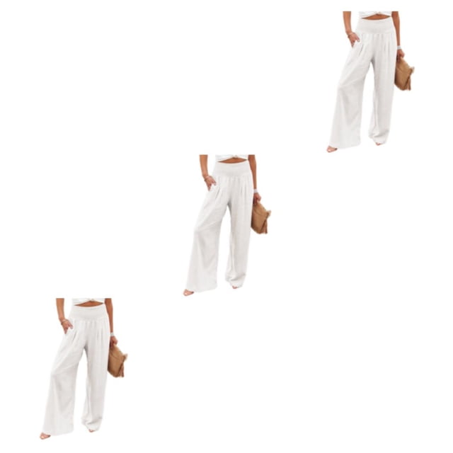 Minnieouse Mujer Verano Primavera Pantalones Bolsillos Largo Suelto Casual Pierna ancha Cintura alta Elástico Vintage Moda para salón Blanco L Type1 NO1