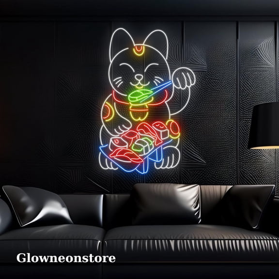 Glowneon Lucky Cat Neon Sign, Fortune Sushi Cat Neon Signs, Lucky Cat Led Sign Japanese Restaurant