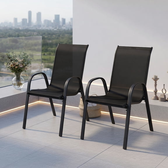 2-Pack Stackable Outdoor Dining Chairs with Armrests – Black, Brown, Gray, Navy Fabric & Grey Steel Frame – Ergonomic Patio Seating for Backyard, Deck or Balcony