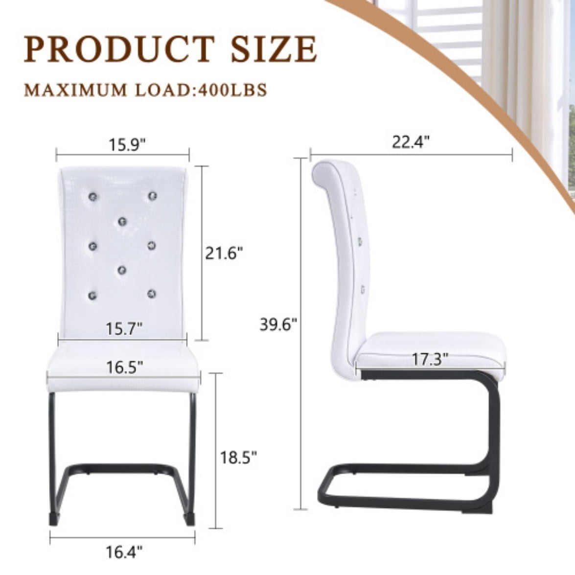 Set of 2 Retro Dining Chairs, Faux Alligator Leather Upholstered Chairs with Crystal Button Details & Metal Bow Legs, 400 LBS, White & Black
