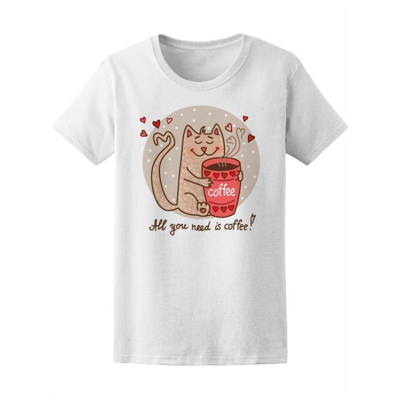 Cute Cat With Cup Of Coffee T-Shirt Women -Image by Shutterstock, Female Medium