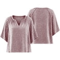 thumbnail image 4 of VBVC Women's Gingham V Neck Blouse, Ladies' 3/4 Sleeve Summer Tunic Top, Casual Loose Fit Checkered Shirt For Women, Hot Pink , S-3XL, 4 of 7