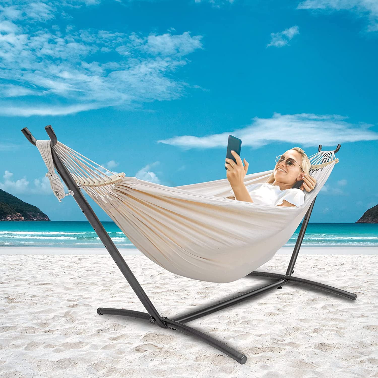 SZHLUX Double Hammock with Stand Included 450lb Capacity Steel Stand, Premium Carry Bag Included.Indoor Outdoor Brazilian-Style Cotton Bed for Backyard, Camping,Garden, Beige