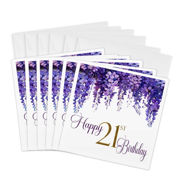 3drose, Pretty Purple Wisteria Happy 21st Birthday, 6 Greeting Cards with Envelopes