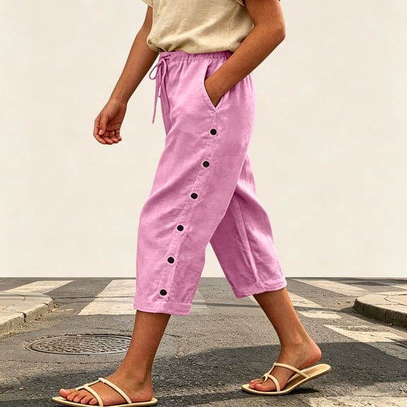 Twczz Girls Cotton Linen Capris with Pockets- Casual Elastic Waist Straight Leg Quick Dry Kids Beach Pants Pink Size 10-12 Years